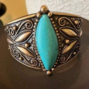 Brass Tone & Faux Turquoise Stone Cuff Bracelet